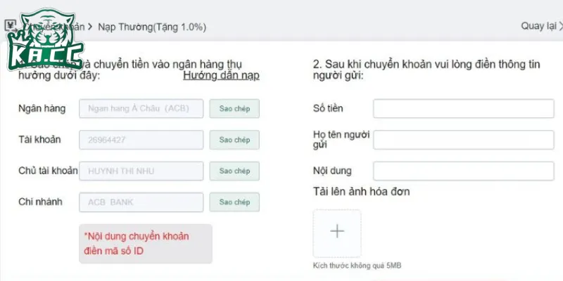Chọn phương thức nạp tiền - Nạp tiền qua ngân hàng