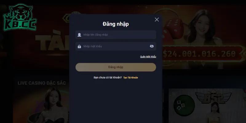 Giao diện đăng nhập và mục quên mật khẩu tại K8CC